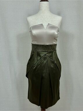 City Triangles Y2K VintageStrapless Sheath Dress in Ivory and Olive Green